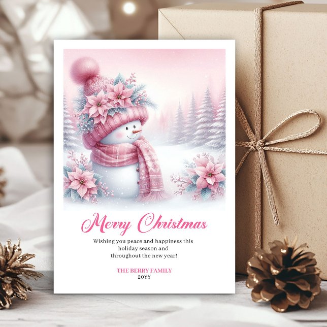 Elegant Pink Snowman Kids Editable Christmas Card (Sparkly pink coquette snowman kids card, editable)