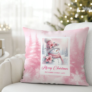 Elegant Pink Snowman Winter Scene Kids Christmas Cushion