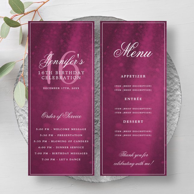 Elegant Pink Sparkle 16th Birthday Program Menu Invitation (Creator Uploaded)