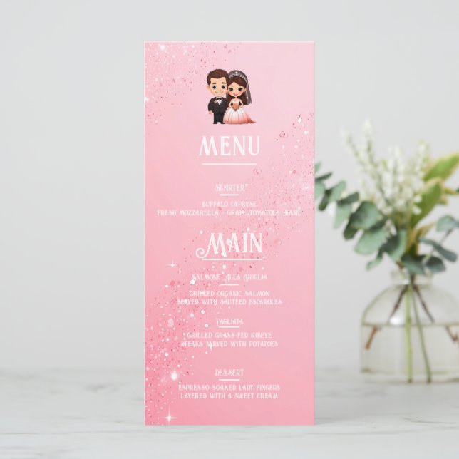 Elegant Pink Sparkle Wedding Menu (Standing Front)
