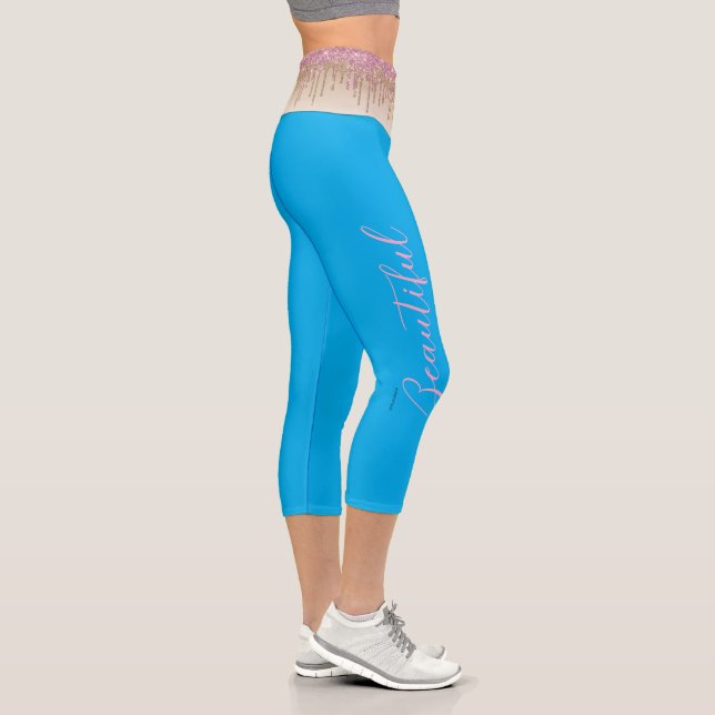 Elegant Pink Sparkly Drips Gradient Athletic Capri Leggings (Right)