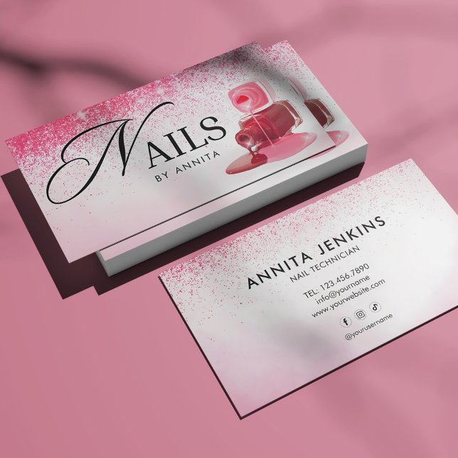 Elegant Pink Sparkly Nails Technician Monogram  Business Card (Creator Uploaded)