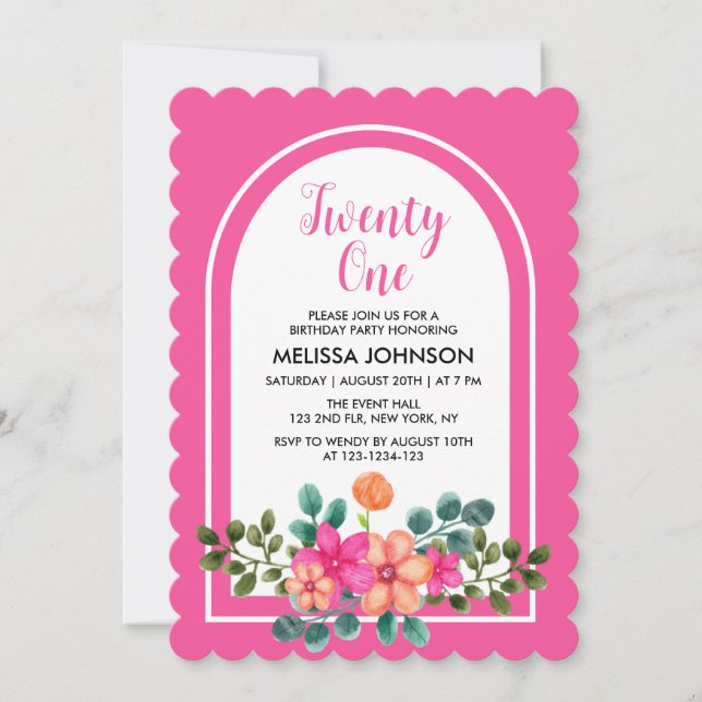 Elegant Pink Spring Flora Greenery 21st Birthday Invitation (Front)