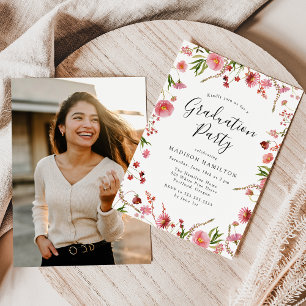 Elegant Pink Spring Floral Photo Graduation Party Invitation