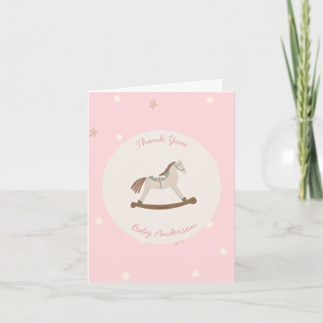 Elegant Pink Stars Boho Rocking Horse Thank You Card (Front)