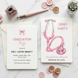 Elegant Pink Stethoscope Nurse Doctor Graduation Invitation