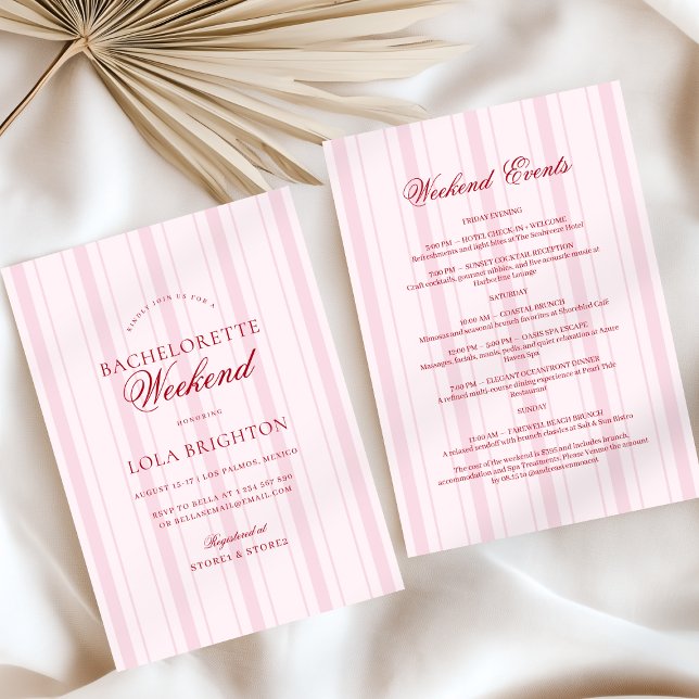 Elegant Pink Stripe Bachelorette Weekend Itinerary Invitation (Creator Uploaded)