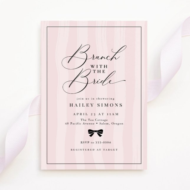 Elegant Pink Stripe Black Bow Bridal Shower Brunch Invitation (Creator Uploaded)