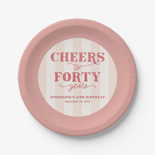 Elegant Pink Striped Cheers to 40 Years Birthday  Paper Plate