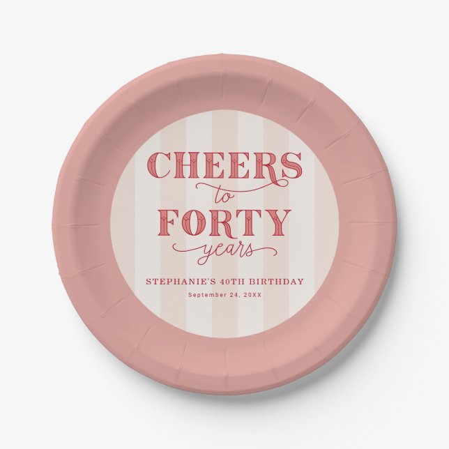 Elegant Pink Striped Cheers to 40 Years Birthday  Paper Plate (Front)