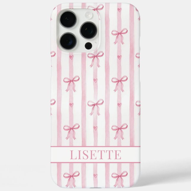 Elegant Pink Striped Coquette Bows Monogrammed Case-Mate iPhone Case (Back)