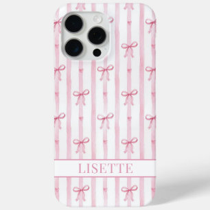 Elegant Pink Striped Coquette Bows Monogrammed iPhone 15 Pro Max Case