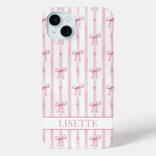 Elegant Pink Striped Coquette Bows Monogrammed iPhone 15 Mini Case