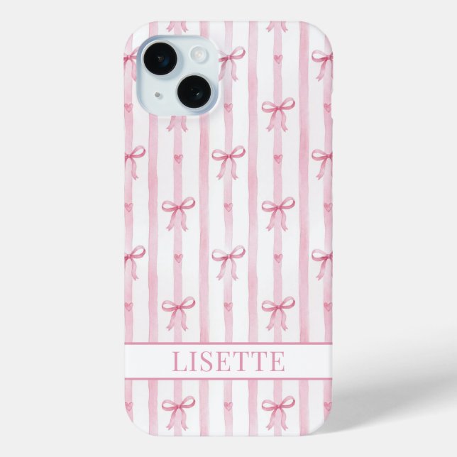 Elegant Pink Striped Coquette Bows Monogrammed Case-Mate iPhone Case (Back)