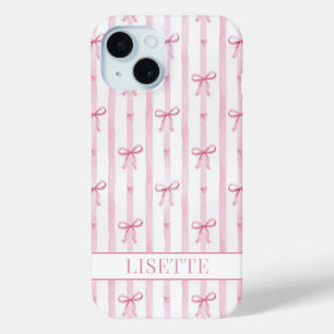 Elegant Pink Striped Coquette Bows Monogrammed iPhone 15 Case