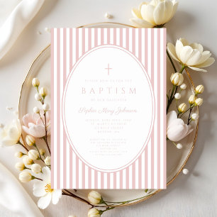 Elegant Pink Striped Girl Baptism Invitation