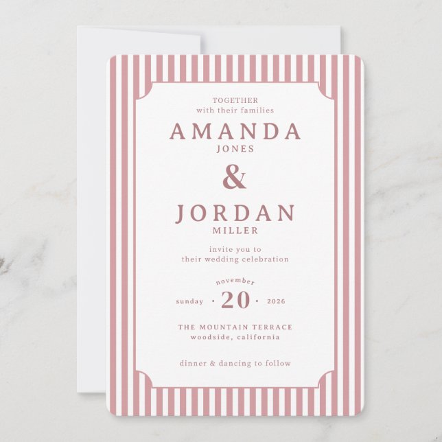 Elegant Pink Striped Wedding Invitation (Front)