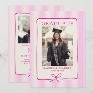 Elegant Pink Stripes Bow Frame Graduation Party Invitation