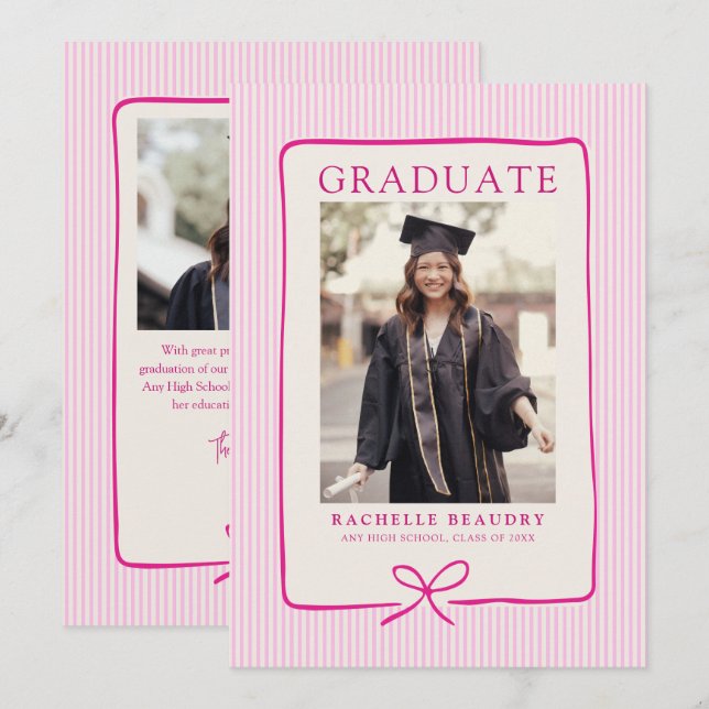 Elegant Pink Stripes Bow Frame Graduation Photo  Announcement (Front/Back)