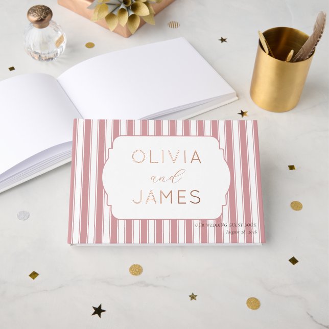 Elegant Pink Stripes Guest Book (Front Open)