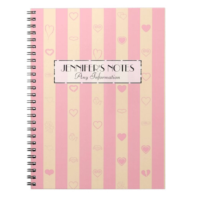 Elegant Pink Stripes Modern Heart Pattern Spiral Notebook (Front)