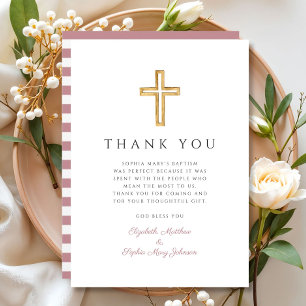 Elegant Pink Stripes Religious Cross Girl Baptism Thank You Card