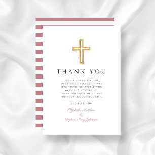 Elegant Pink Stripes Religious Cross Girl Baptism Thank You Card