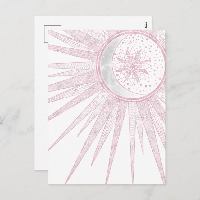 Elegant Pink Sun Moon Doodle Mandala White Design Holiday Postcard (Front/Back)