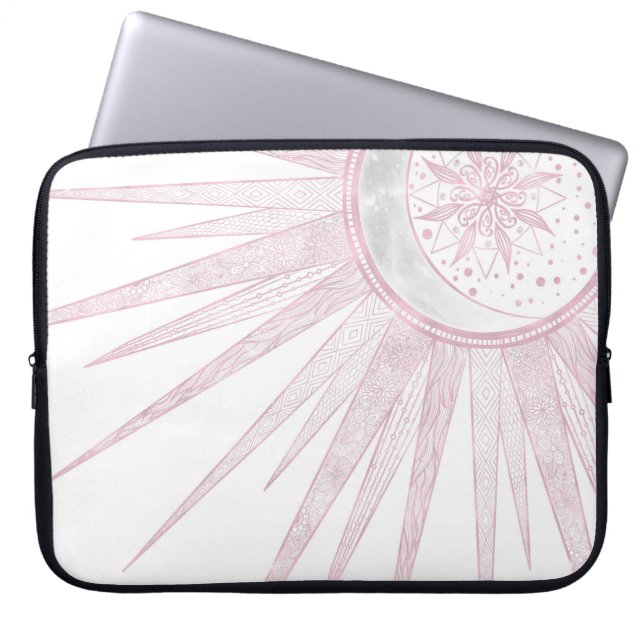 Elegant Pink Sun Moon Doodle Mandala White Design Laptop Sleeve (Front)