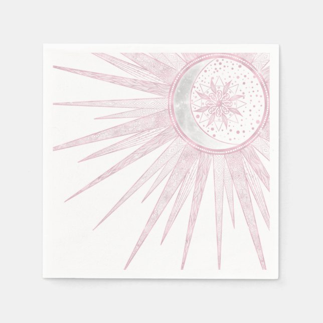 Elegant Pink Sun Moon Doodle Mandala White Design Napkin (Front)