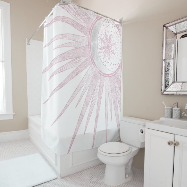 Elegant Pink Sun Moon Doodle Mandala White Design Shower Curtain (In Situ)