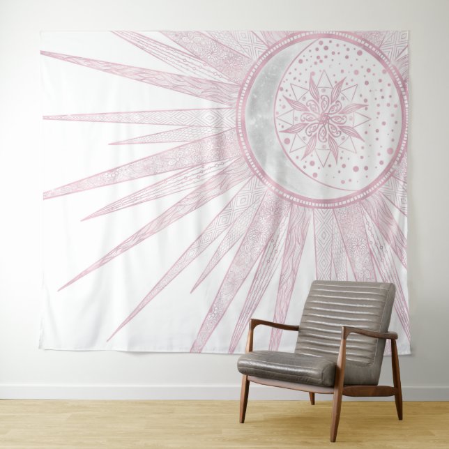 Elegant Pink Sun Moon Doodle Mandala White Design Tapestry (In Situ (Horizontal))