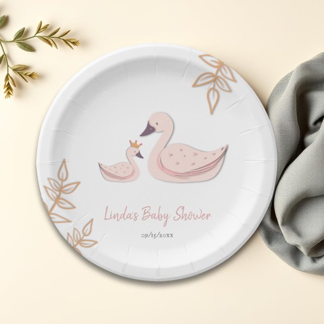 Elegant Pink Swan with Baby Girl Baby Shower Paper Plate (Creator Uploaded)