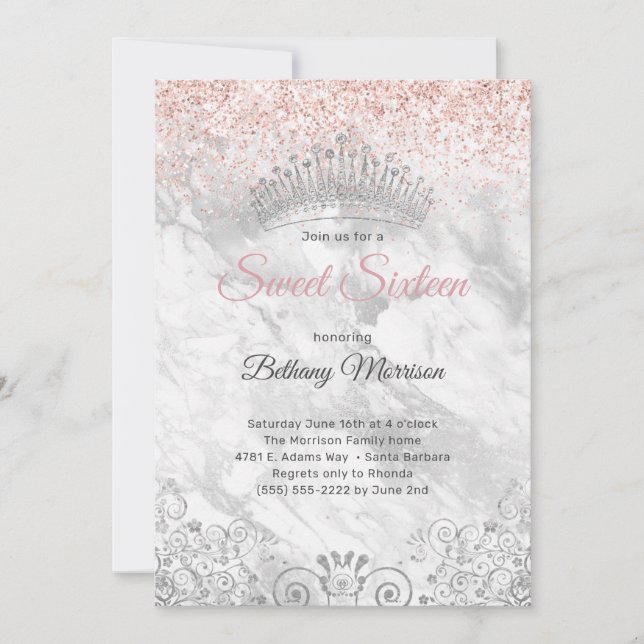 Elegant Pink Sweet Sixteen Tiara Glitter Party  Invitation (Front)