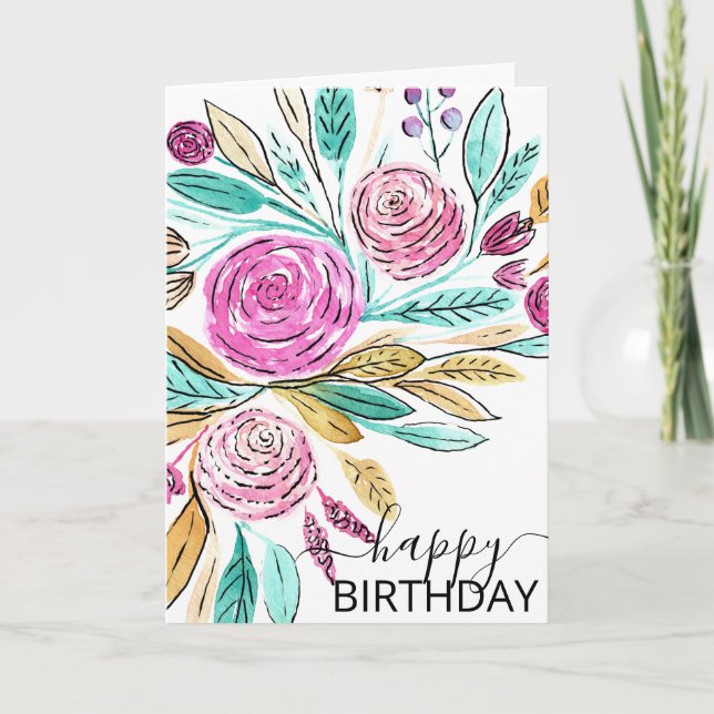 Elegant Pink Teal Floral Watercolor Happy Birthday Card (Front)