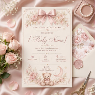 Elegant Pink Teddy Bear Baby Shower Invitation