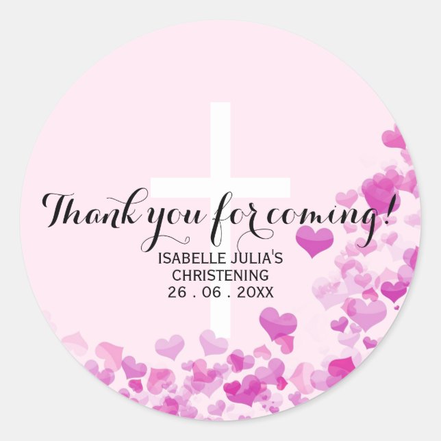 Elegant Pink THANK YOU Christening White Cross Classic Round Sticker (Front)