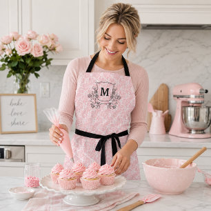 Elegant Pink Tiny Rose Pattern Monogram Apron