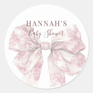 Elegant Pink Toile Bow Baby Shower Welcome Sign Classic Round Sticker