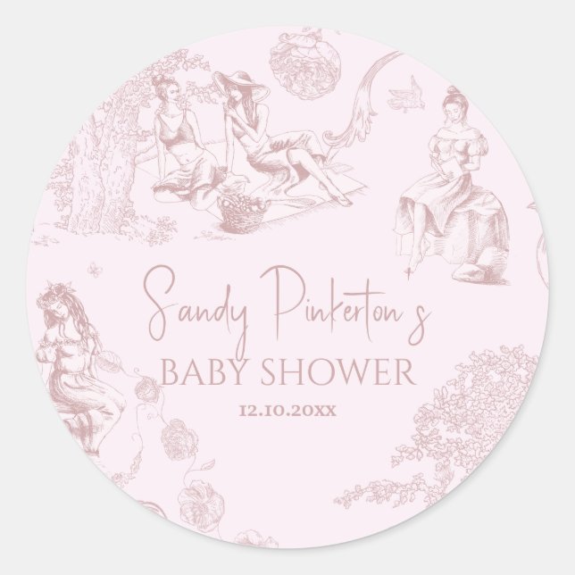 Elegant Pink Toile de Jouy Picnic Baby Shower Classic Round Sticker (Front)