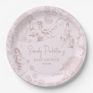 Elegant Pink Toile de Jouy Picnic Baby Shower Paper Plate