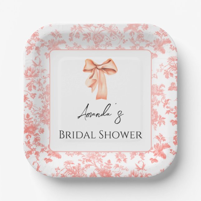 Elegant Pink Toile Floral Bridal Shower Brunch Paper Plate (Front)