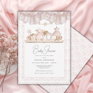 Elegant Pink Toile Vintage Whimsical Baby Shower Invitation