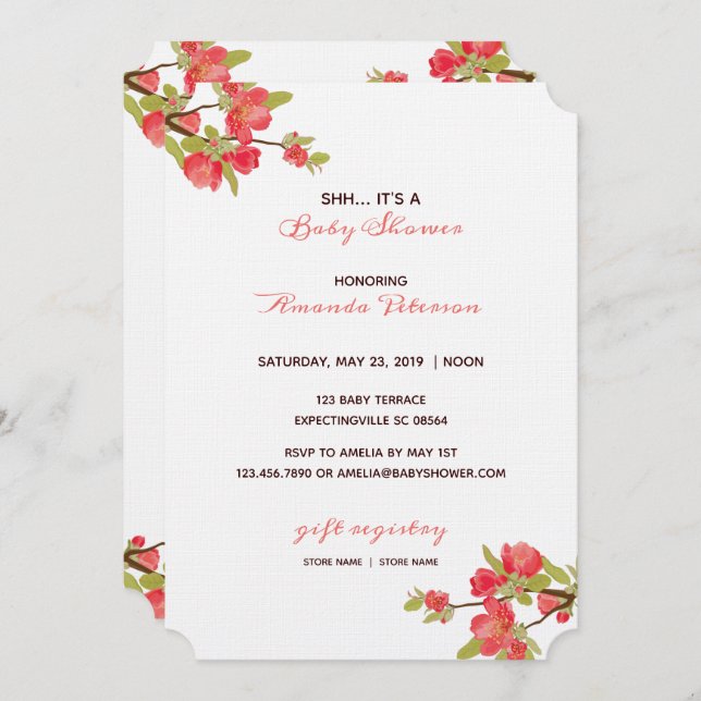 Elegant Pink Tree Blossoms Baby Shower Invitation (Front/Back)