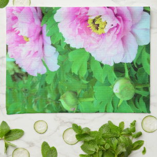 Elegant Pink Tree Peony Flowers with Yellow Centre Tea Towel