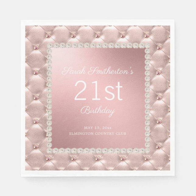 Elegant Pink Tufted Pearls 21st Birthday Napkin (Front)