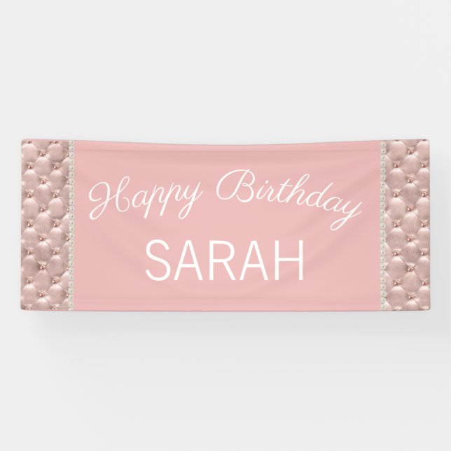 Elegant Pink Tufted Pearls Happy Birthday Banner (Horizontal)