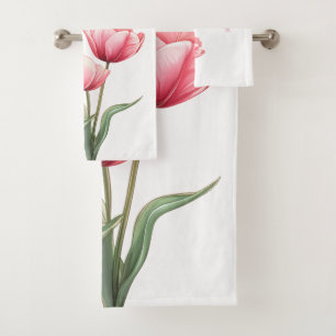 Elegant Pink Tulip Garden Watercolor Mom Gift Bath Towel Set