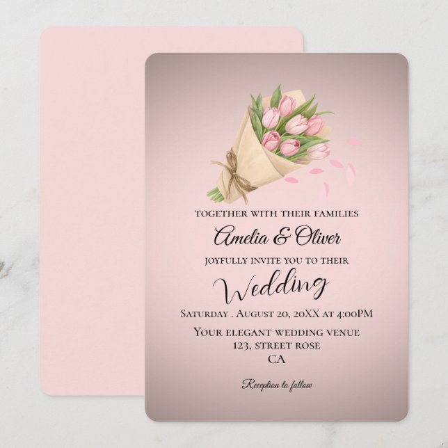 Elegant Pink Tulips Bouquet Wedding Invitation (Front/Back)