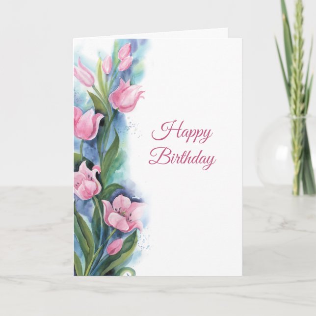 Elegant Pink Tulips Floral Birthday Card (Front)